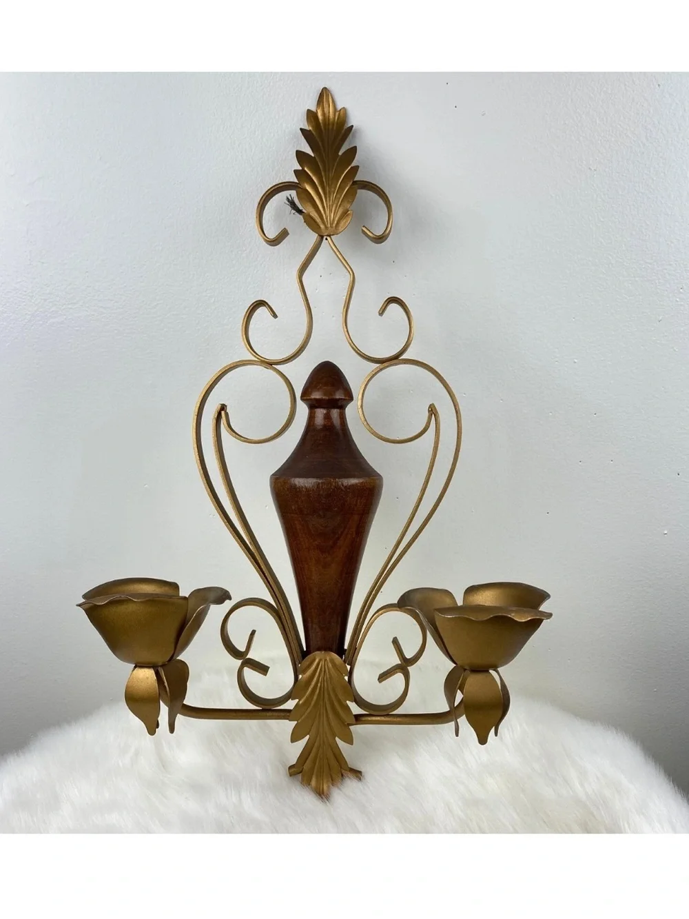Vintage Sconce Gold Wood Wall Candle Holder Gallery Hollywood Regency 17x11